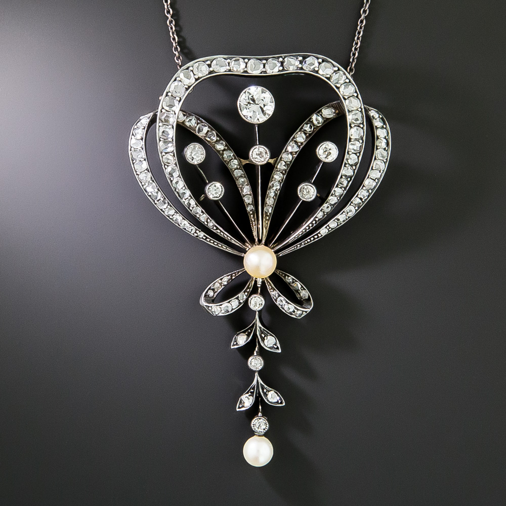 English Victorian Diamond and Pearl Bow Necklace