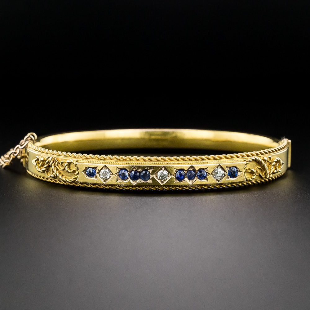 English Victorian Etruscan Revival Sapphire and Diamond Bangle