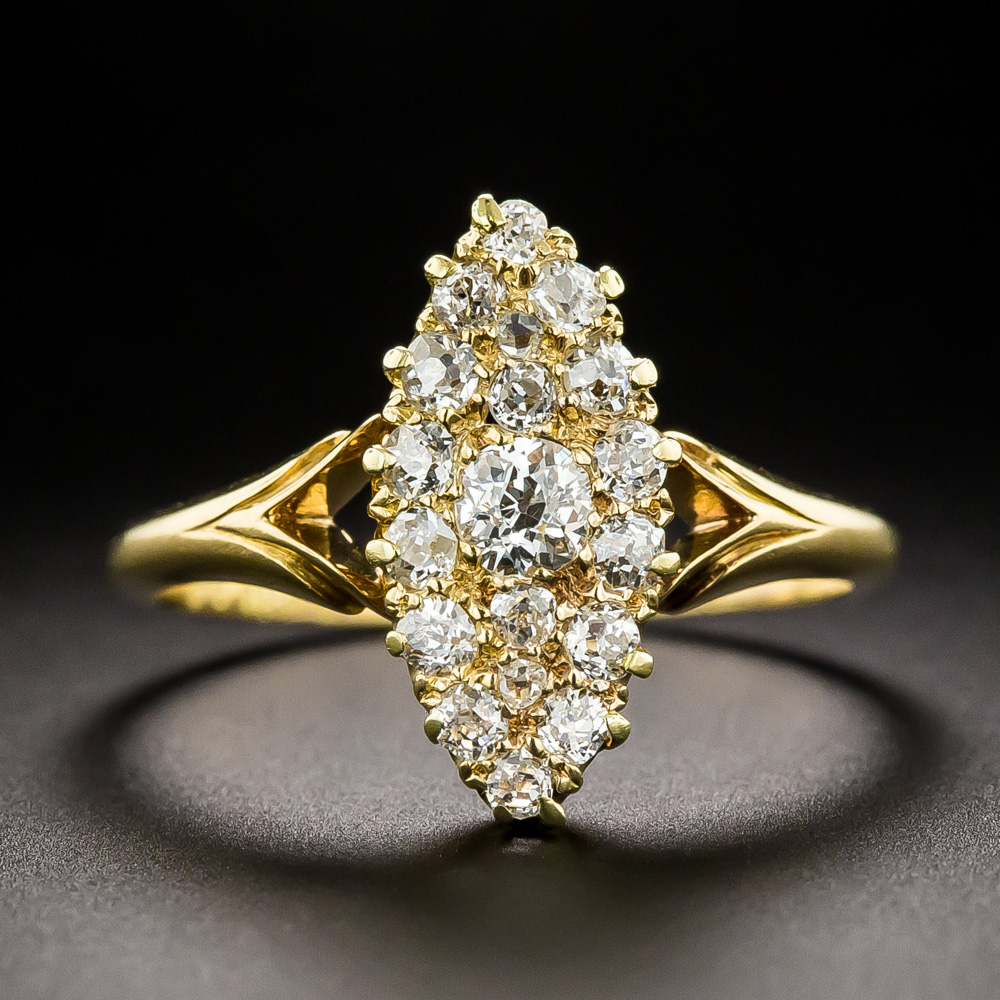 English Victorian Navette Diamond Cluster Ring