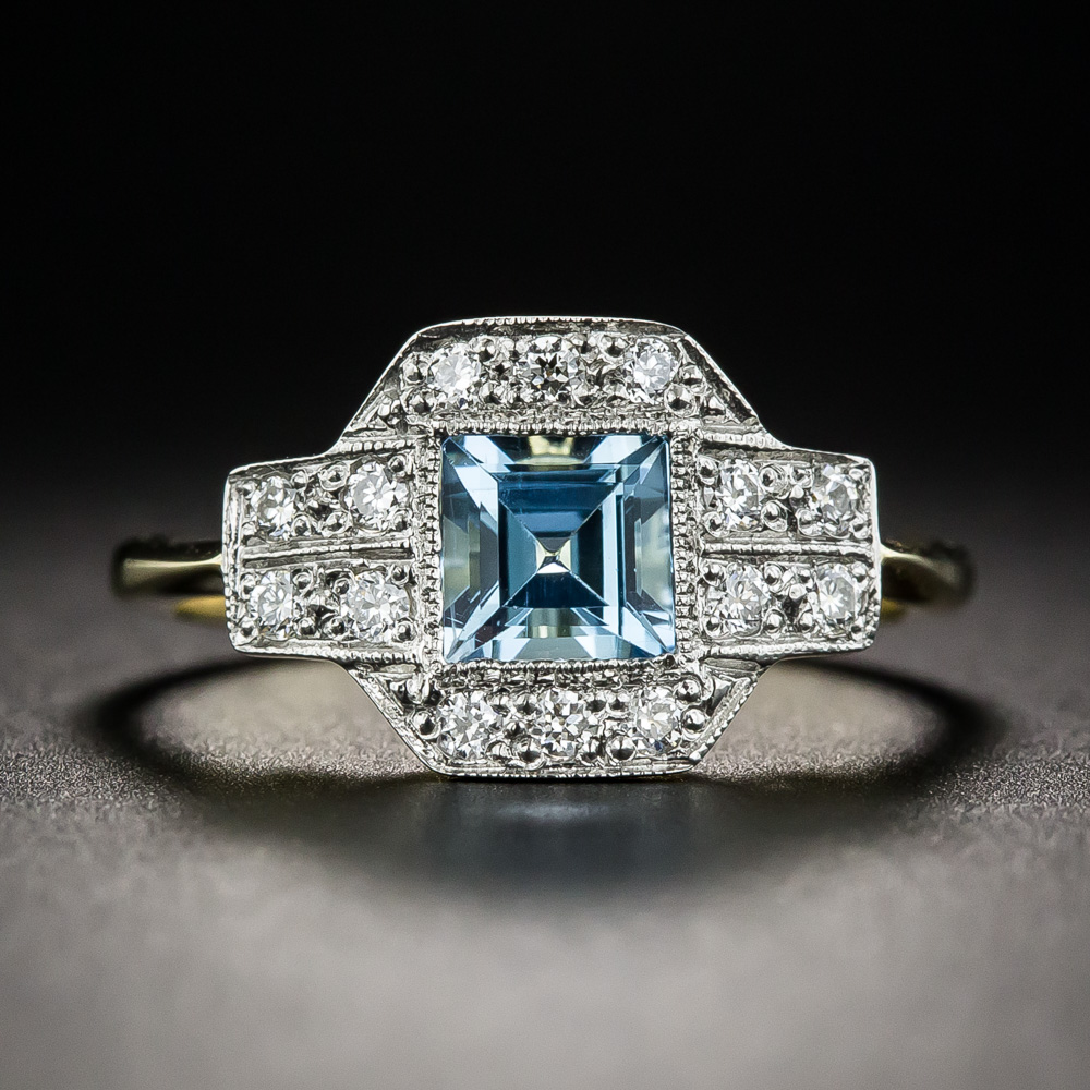 English Vintage Style Aquamarine and Diamond Ring