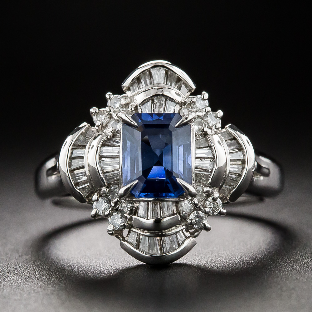 Estate 1.11 Carat Emerald-Cut Sapphire and Diamond Ring