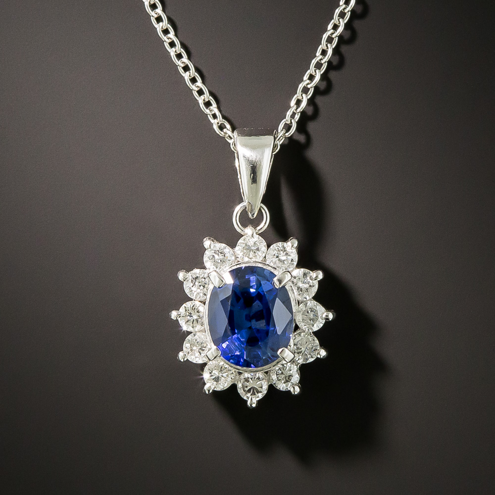 Estate 1.28 Carat Sapphire and Diamond Halo Drop Necklace
