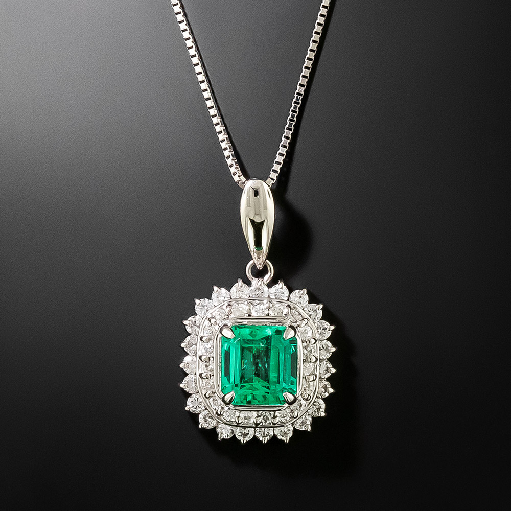 Estate 1.31 Carat Emerald Double Diamond Halo Pendant