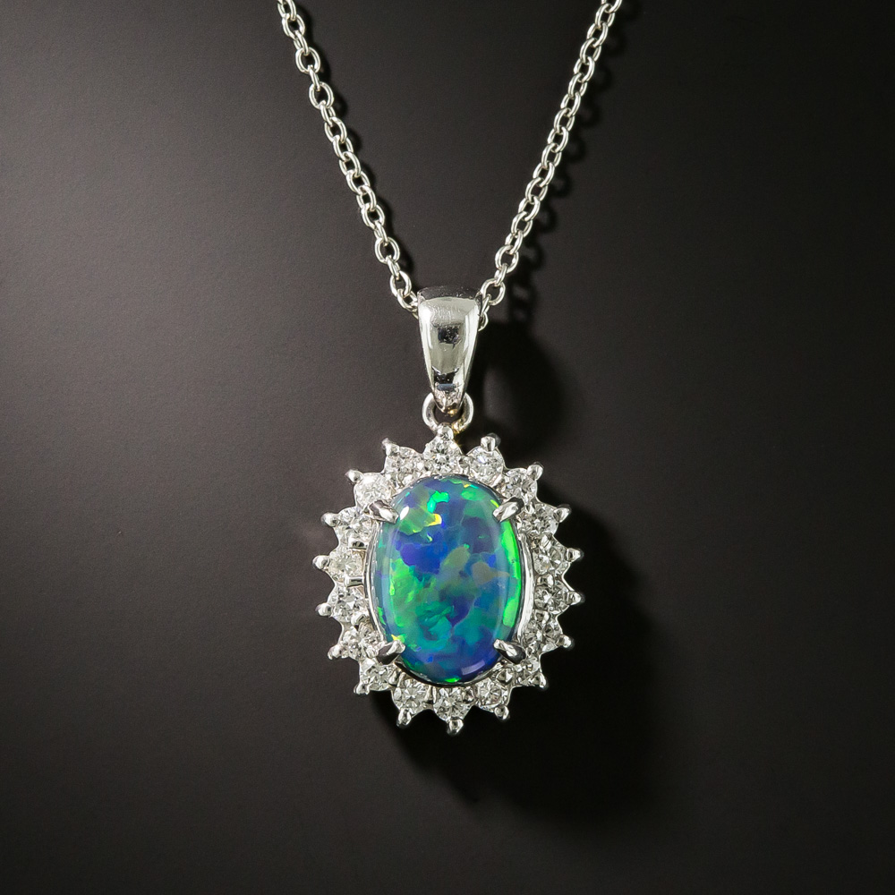 Estate 1.33 Carat Black Opal and Diamond Pendant Necklace