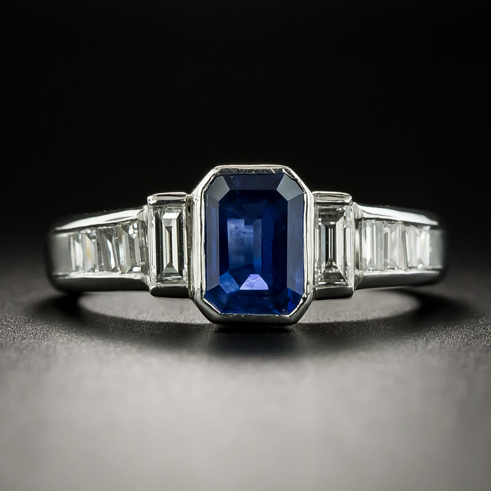 Estate 1.55 Carat Emerald-Cut Sapphire and Baguette Diamond Ring