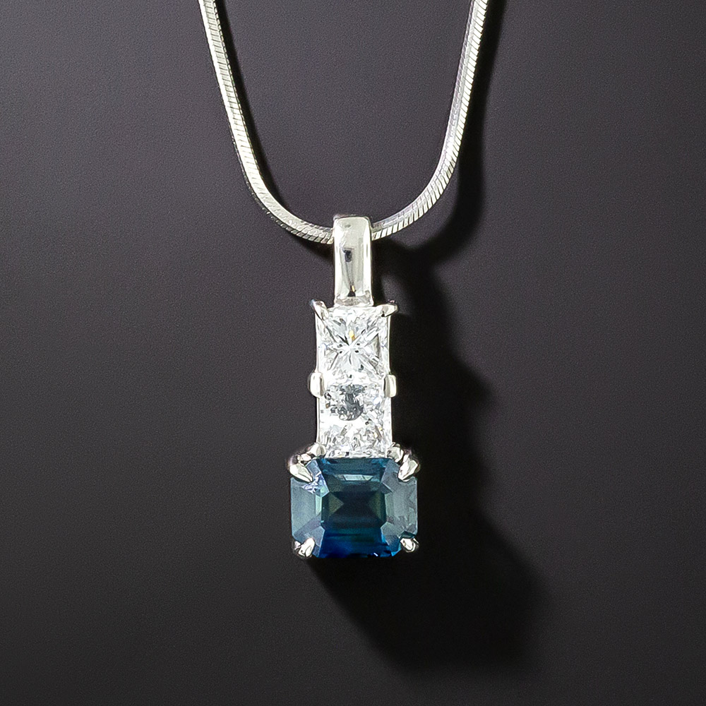 Estate 1.58 Carat Teal Sapphire and Diamond Pendant