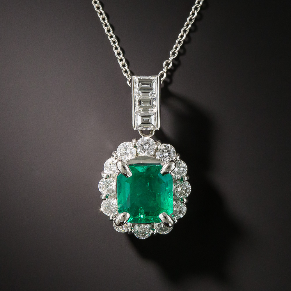 Estate 1.70 Carat Emerald Diamond Platinum Necklace