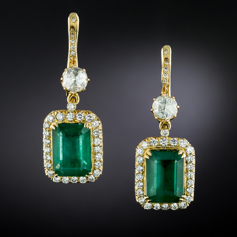 Estate Carat Emerald and Diamond Dangle Earrings GIA F1