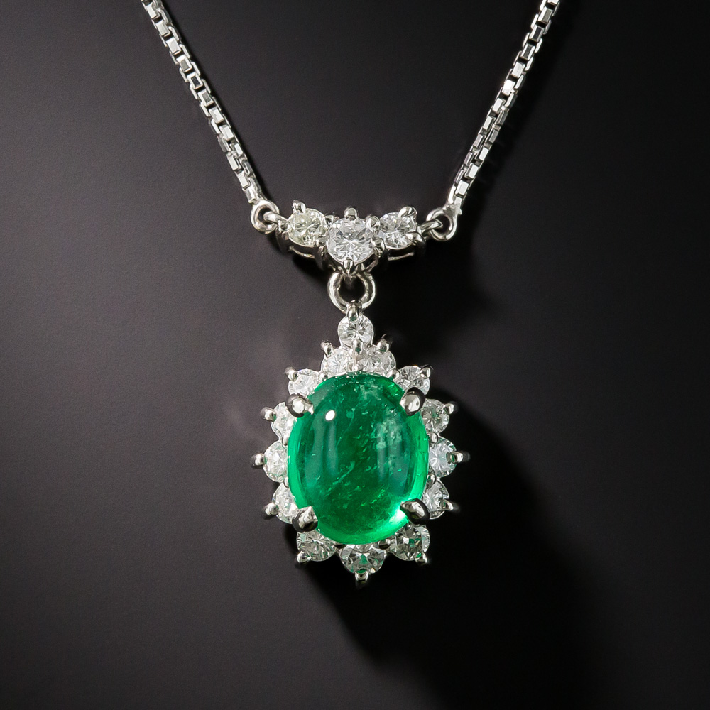 Estate 2.40 Carat Cabochon Emerald Platinum Diamond Pendant