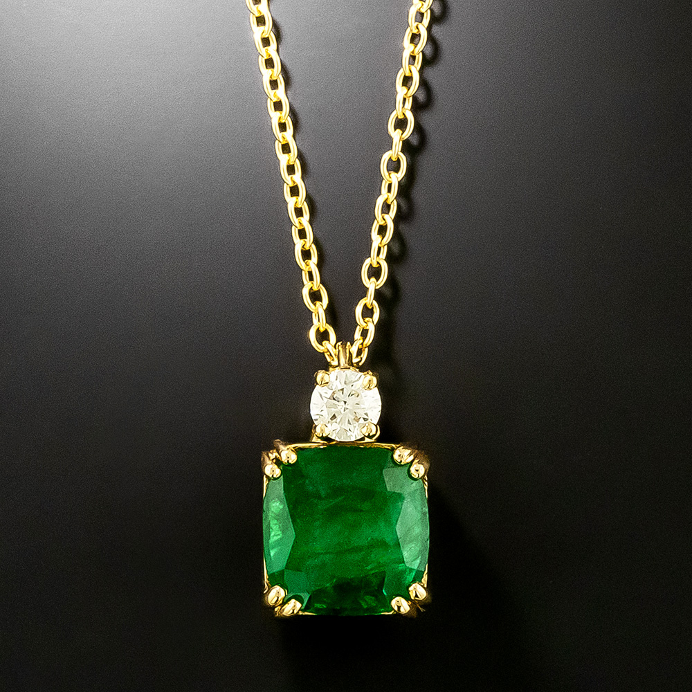 Estate 3.65 Carat Zambian Emerald and Diamond 18K Drop - GIA