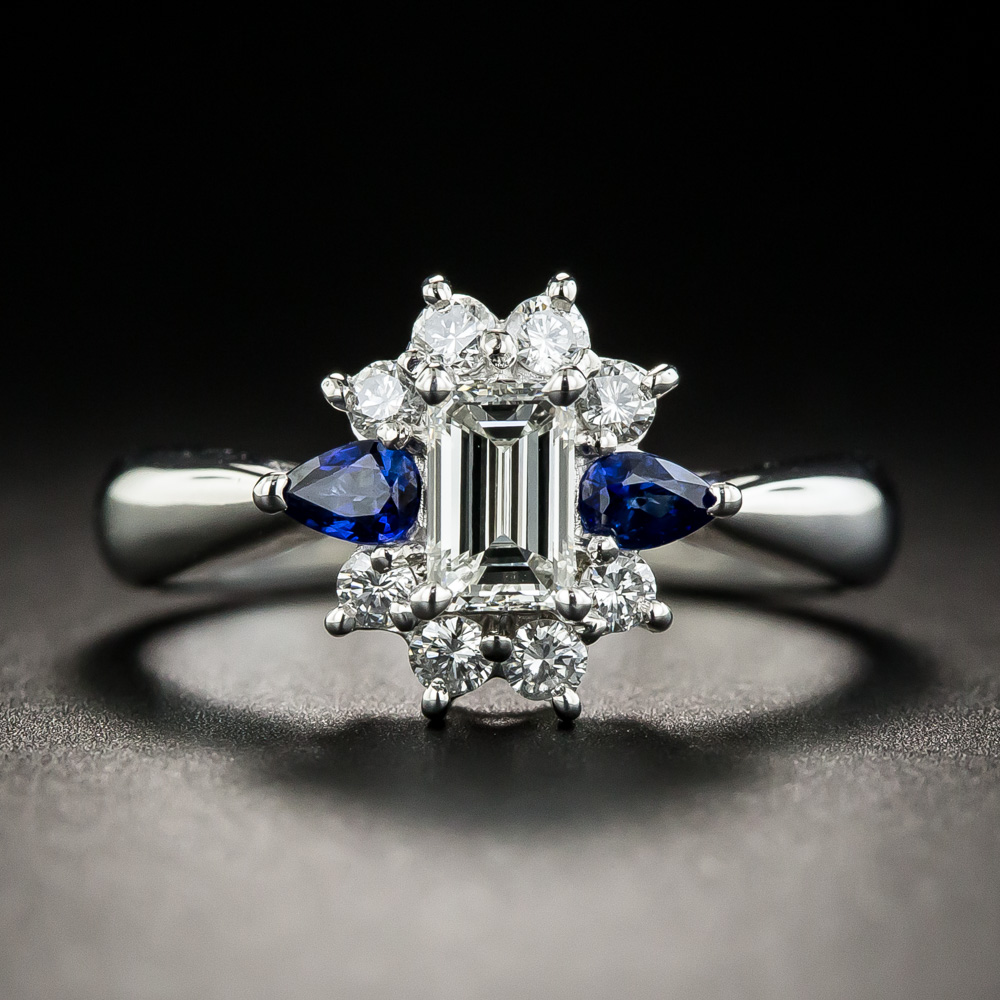 Estate .41 Carat Emerald-Cut Diamond Sapphire Platinum Ring