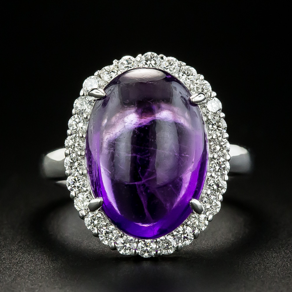 Estate 8.34 Amethyst Oval Cabochon and Diamond Ring