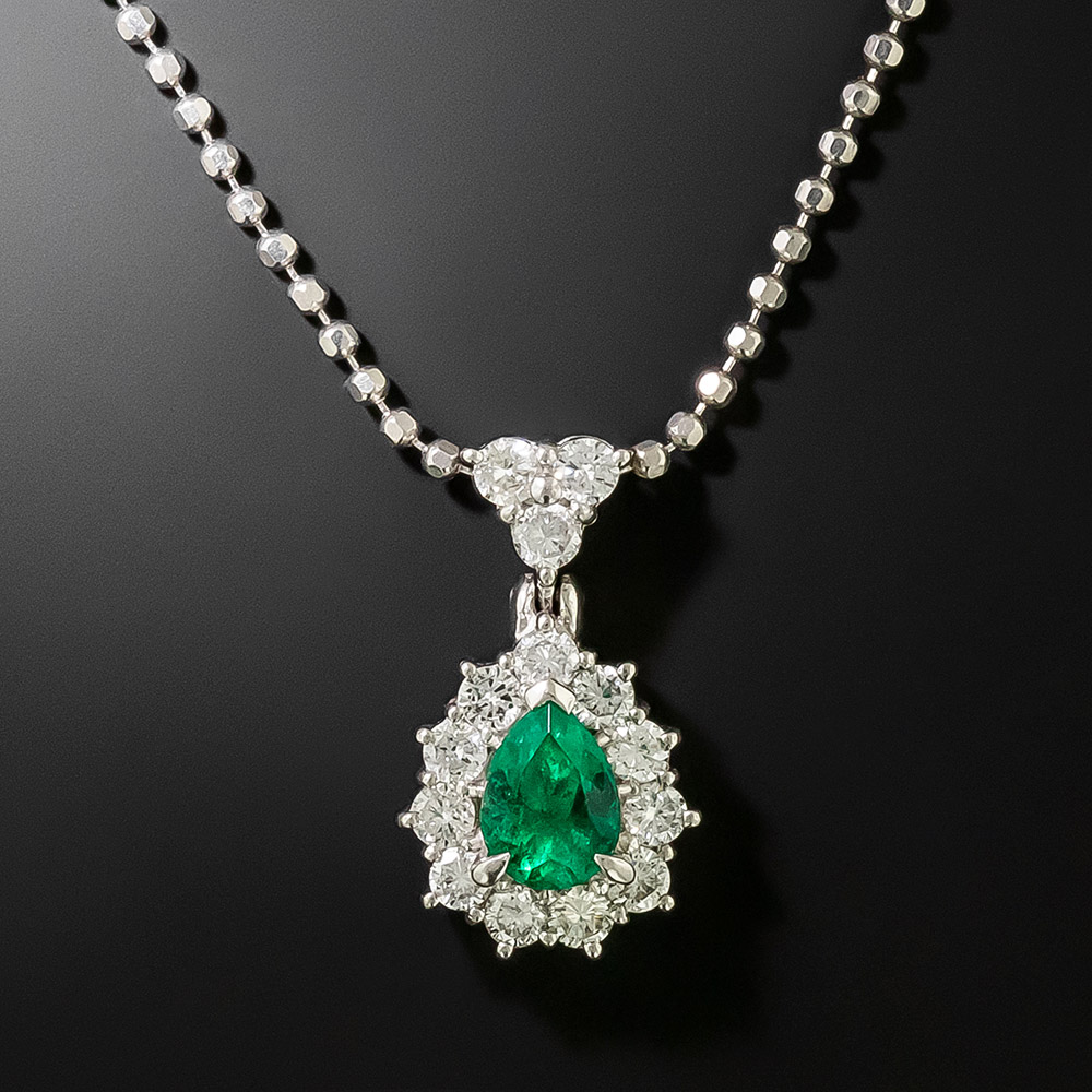 Estate .80 Carat Pear-Shaped Emerald and Diamond Pendant