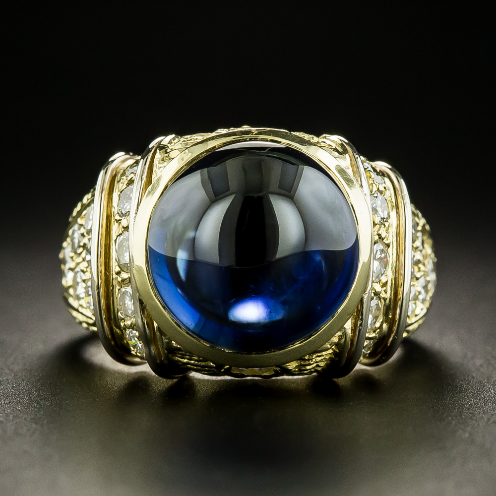 2:00 Carat Blue Sapphire Cabochon With Diamonds In 10k Yellow Gold Ring For  Men | eBay