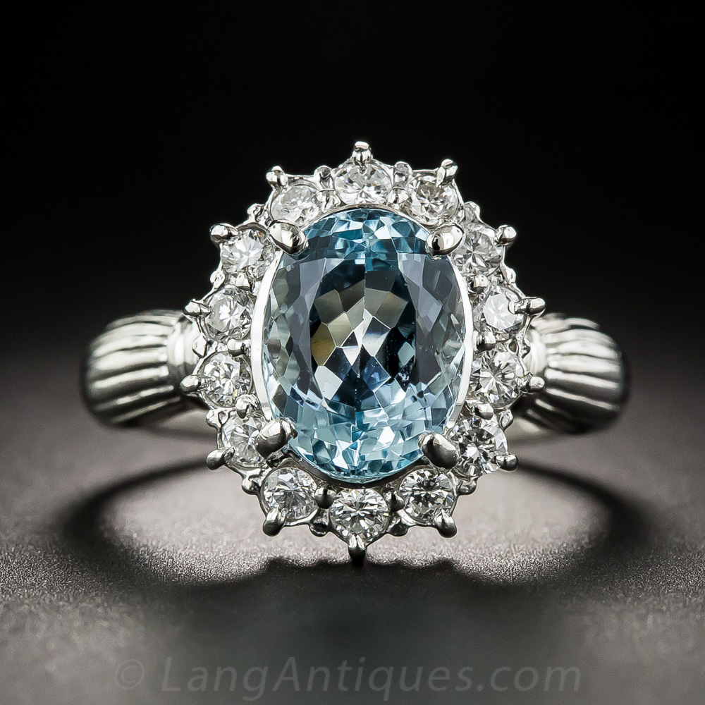 Estate Aquamarine Platinum and Diamond Ring