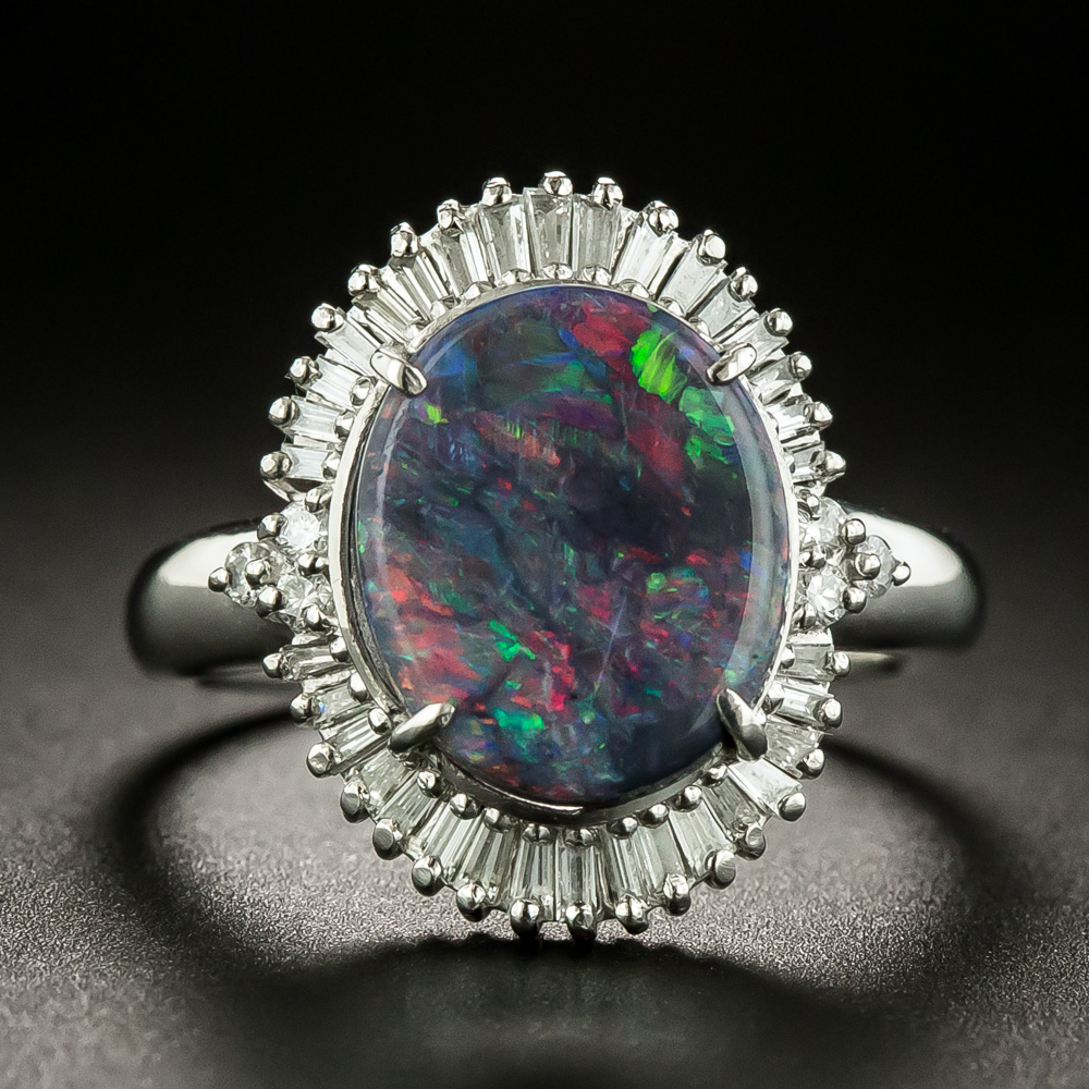 Rare Australian Lightning Ridge Black Opal Diamond Ring - Ruby Lane