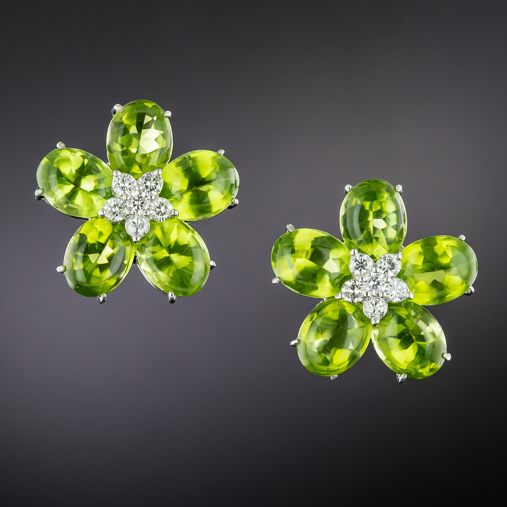Lang Antiques Estate Buff Top Peridot and Diamond Flower Earrings