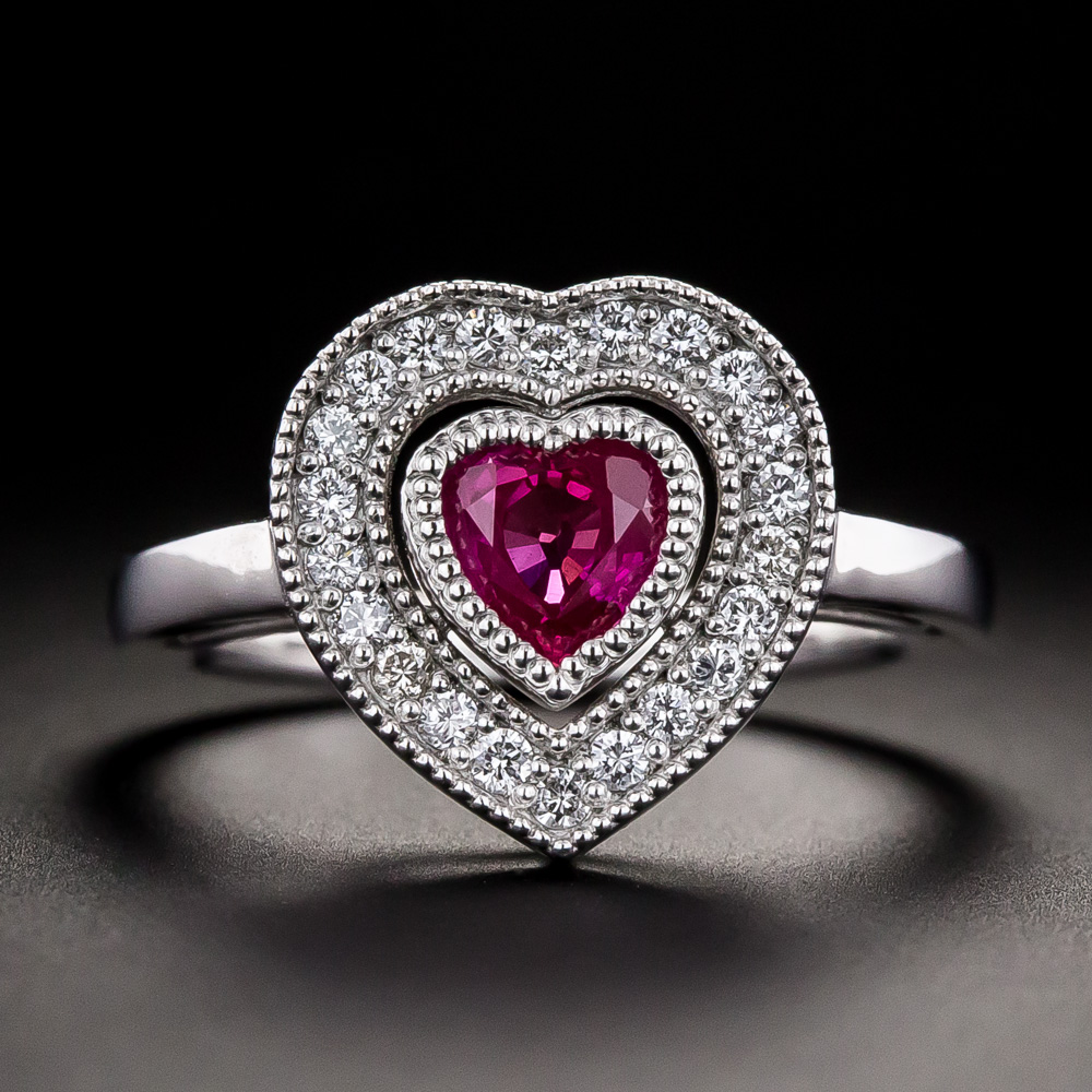 Estate Burmese Ruby and Diamond Heart Ring