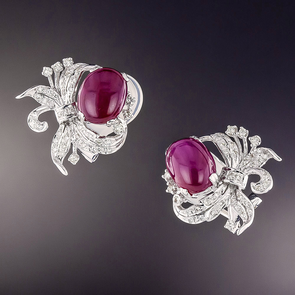 Estate Cabochon Ruby and Diamond Earrings