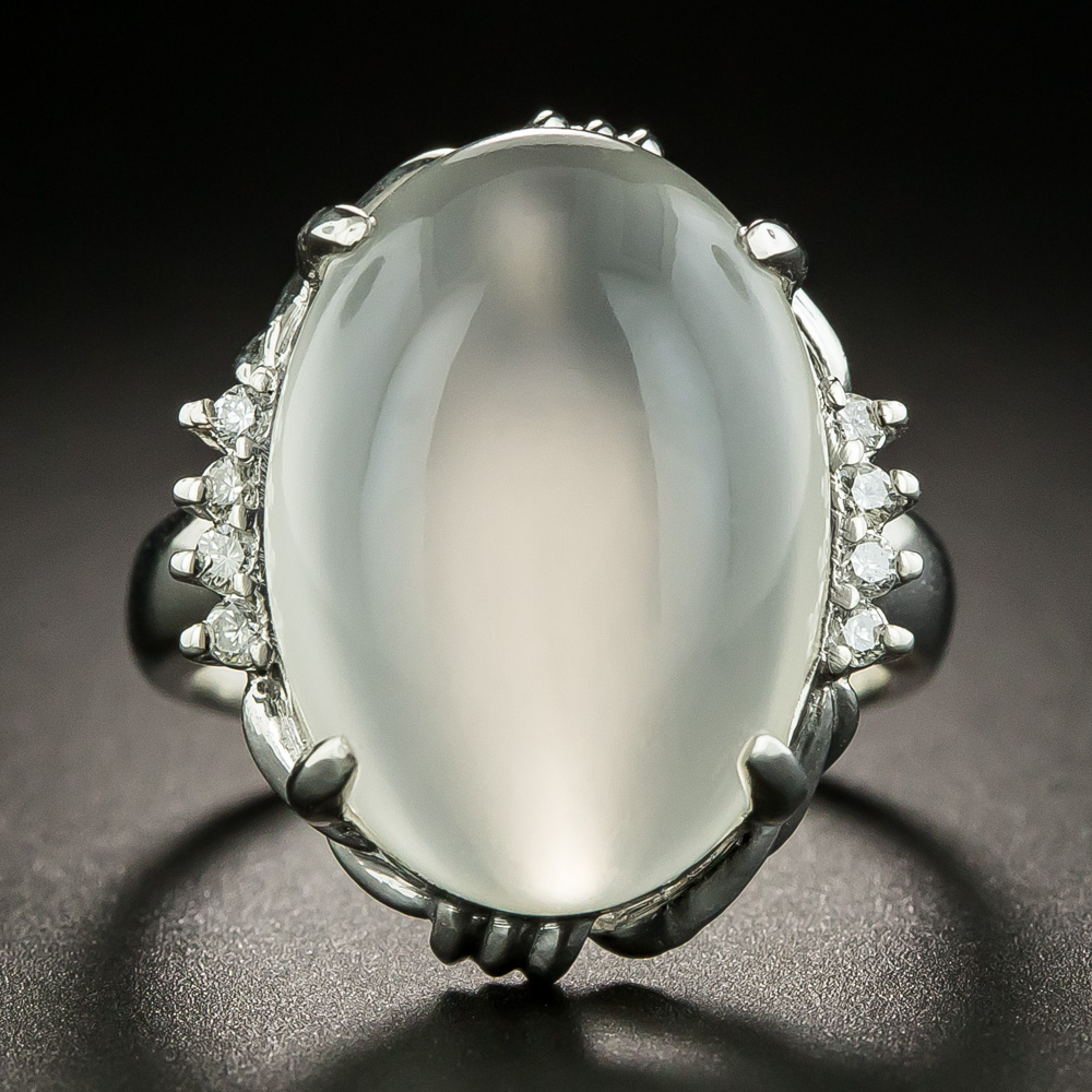 Estate Cat's Eye Moonstone Diamond Platinum Ring