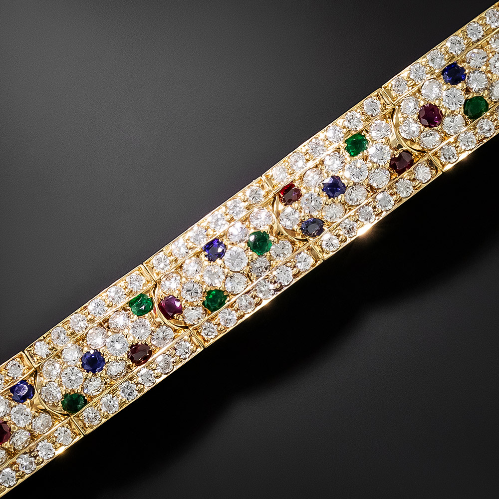 14k Gold 0.25 Carat Diamond clover bracelet with Emerald, Ruby and Sapphire