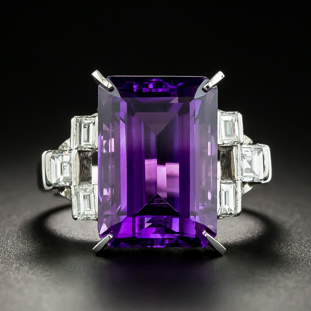 Estate Emerald Cut Amethyst and Baguette Diamond Ring