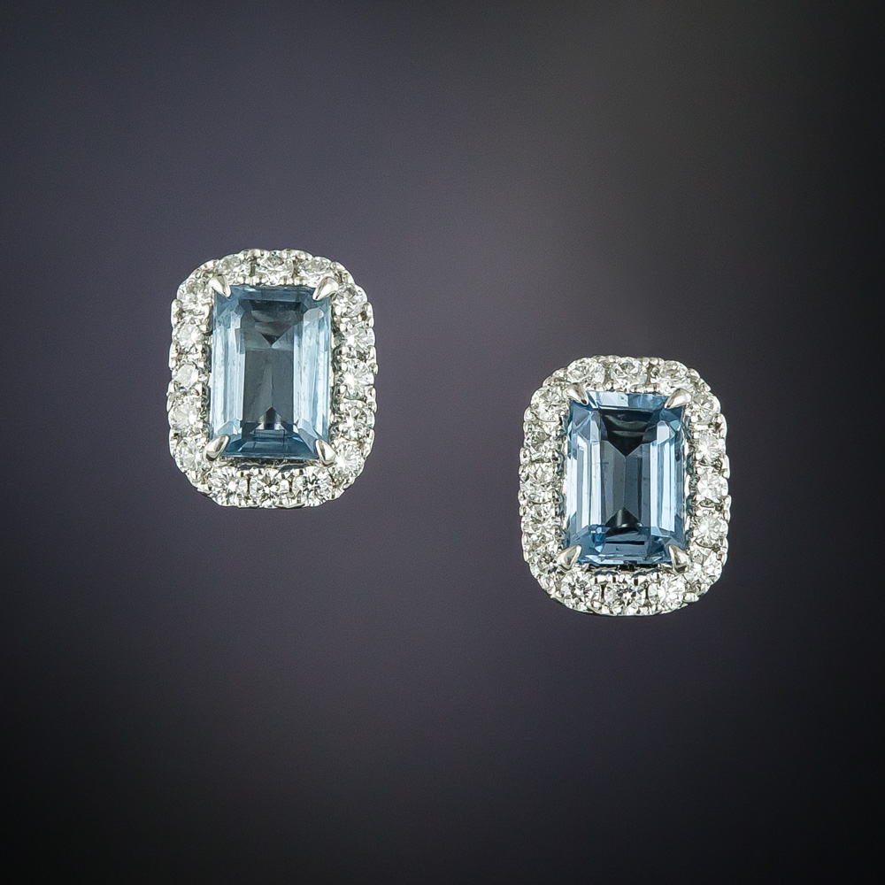 Estate Emerald-Cut Aquamarine and Diamond Earrings