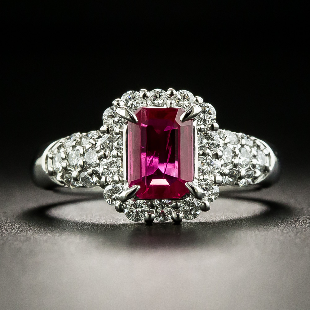 Estate Emerald-Cut Burmese Ruby and Diamond Ring