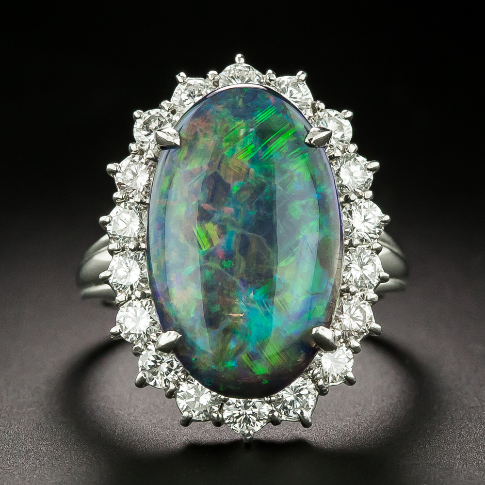 Estate Fine Black Opal and Diamond Ring