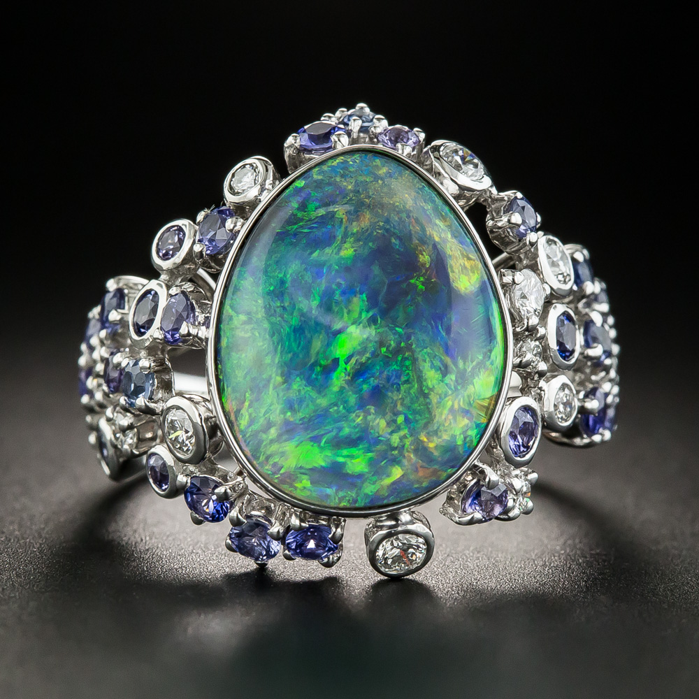 Estate Free Form Opal, Sapphire and Diamond Ring