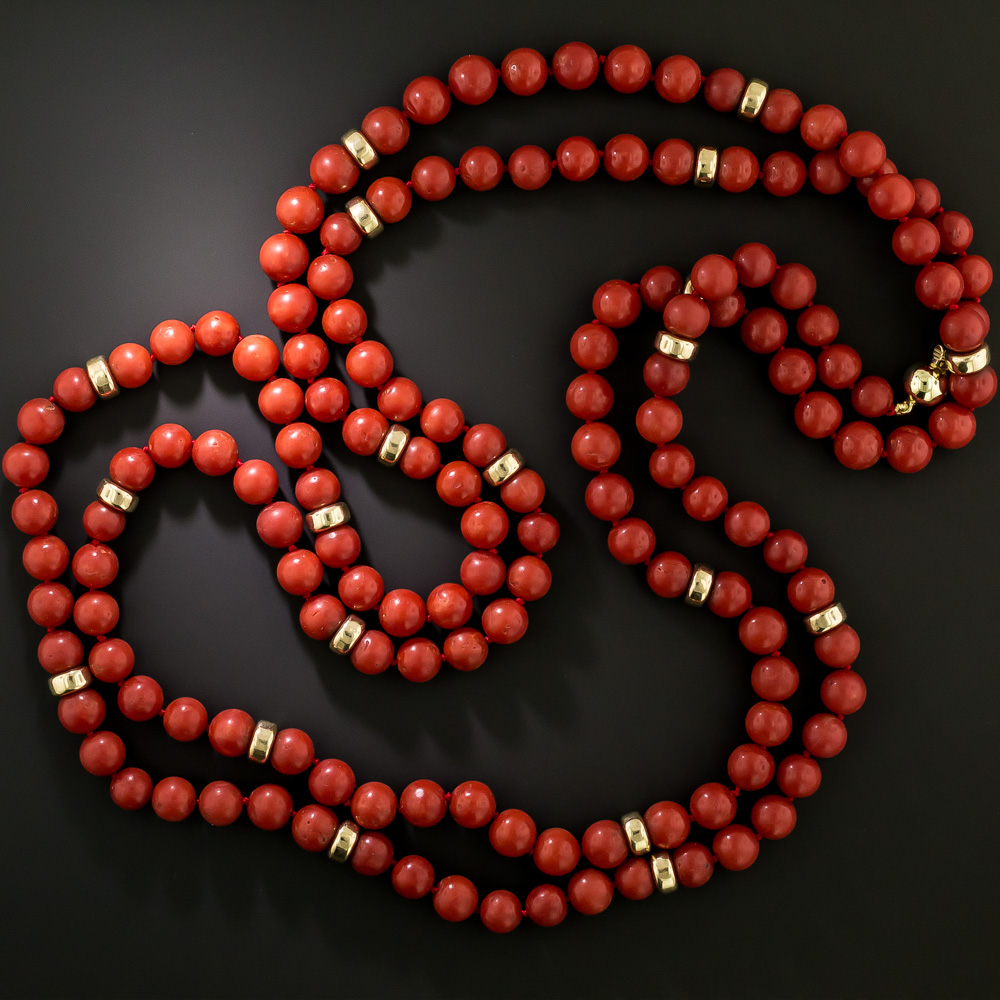 Estate Long Coral and Gold Bead Strand