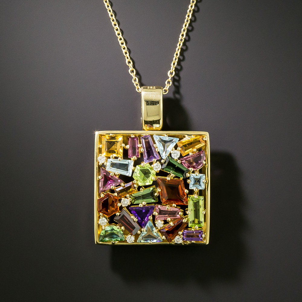 石の高級インテリア Estate Multicolor Gemstone and Diamond Square 18K Pendant