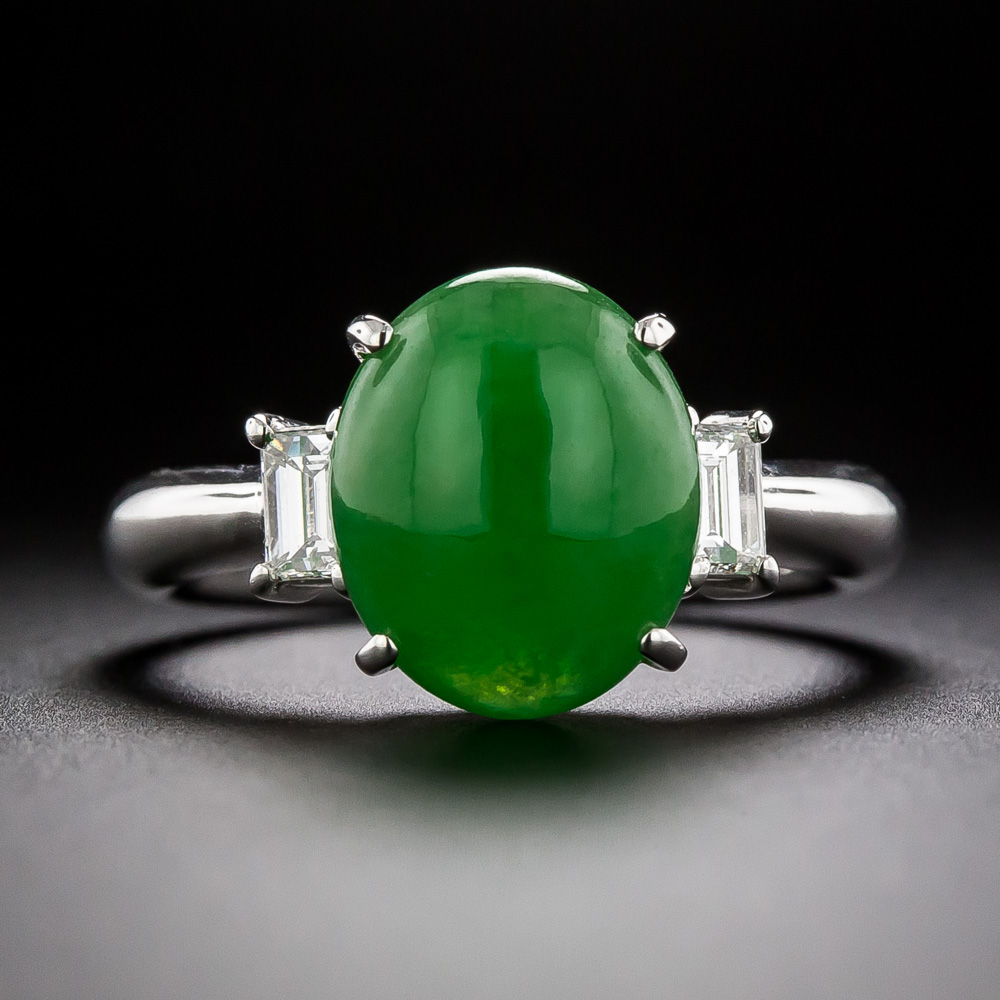 Estate Natural Burmese Jade and Baguette Diamond Ring