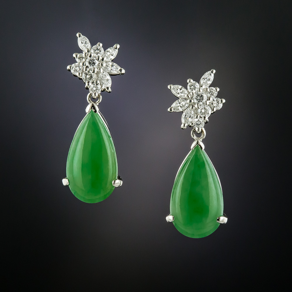 Estate Natural Burmese Jade and Diamond Earrings