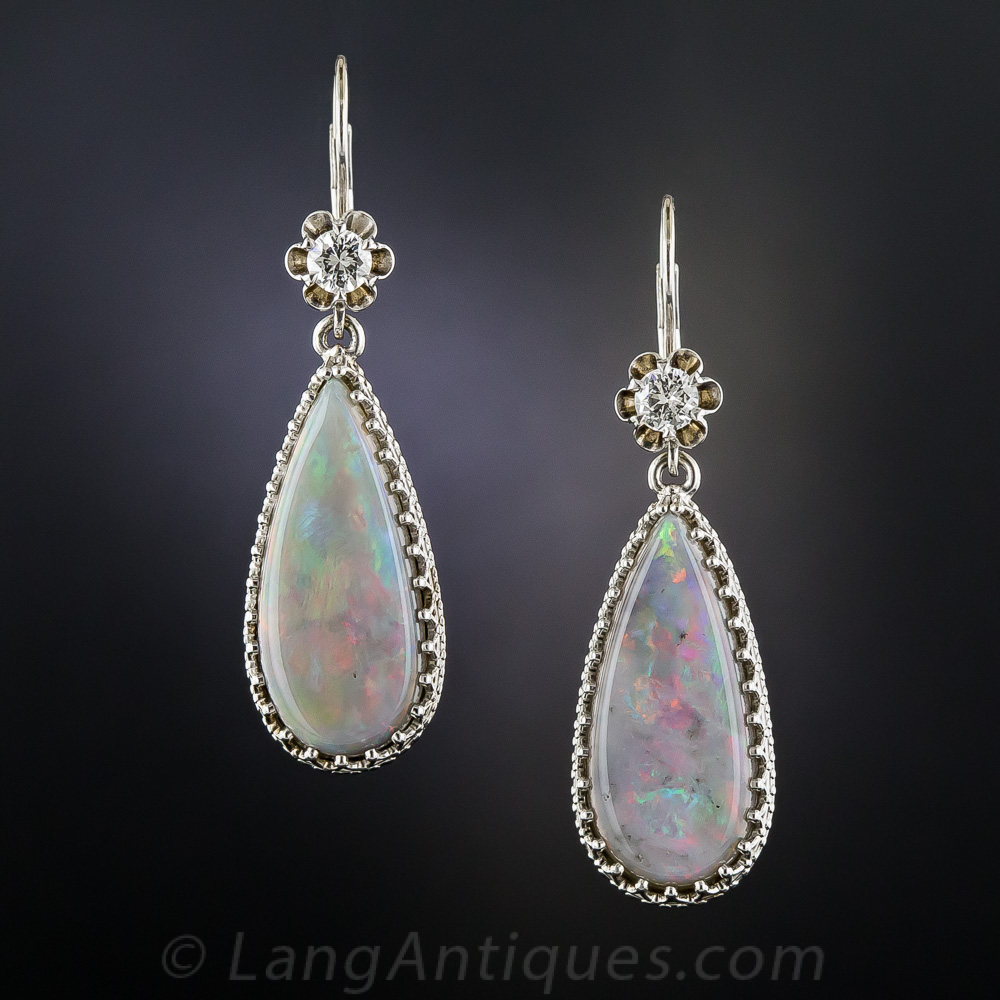 Estate Opal and Diamond Drop Earrings