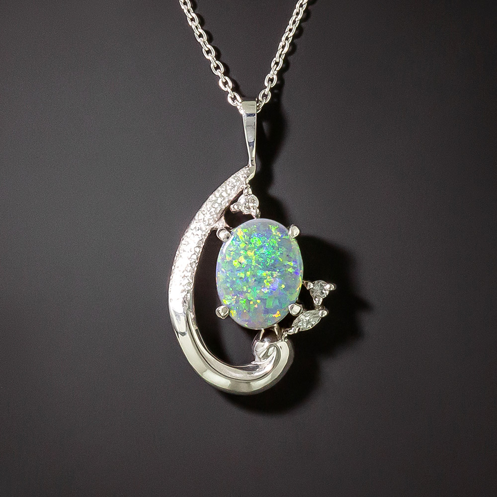 Estate Opal and Diamond Pendant Necklace
