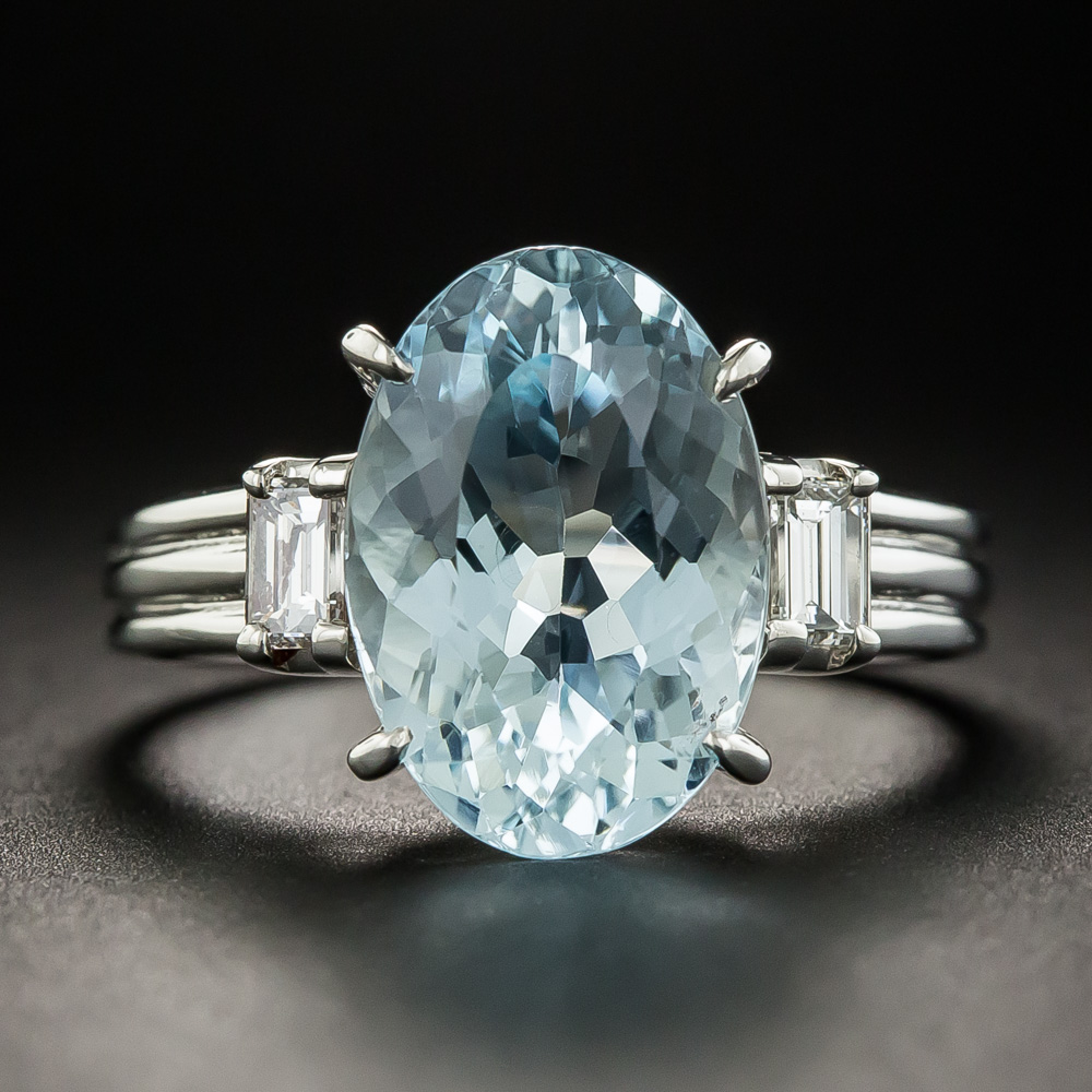 Estate Oval Aquamarine Platinum Diamond Ring