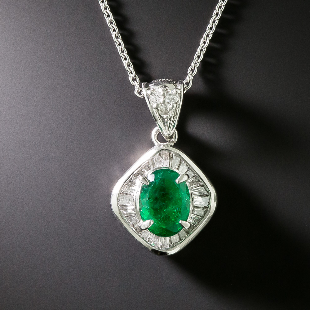 Estate Oval Emerald in Baguette Diamond Pendant