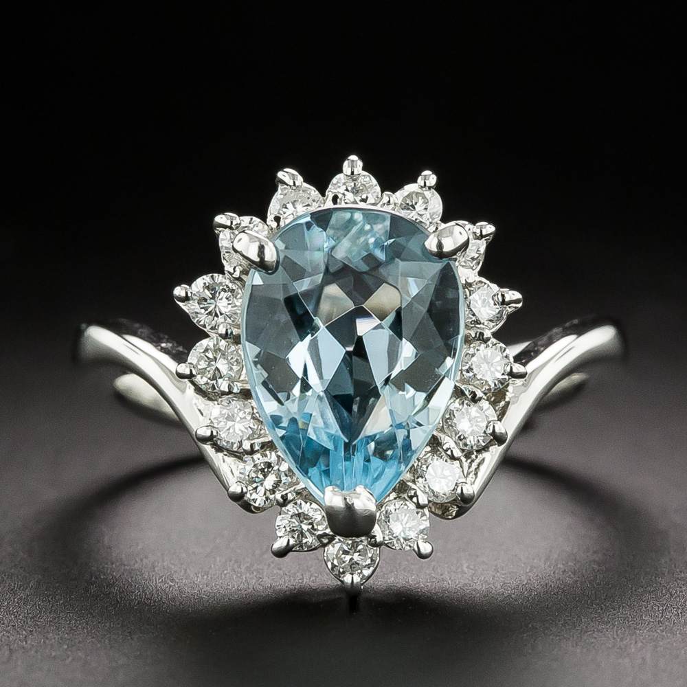 Estate Pear Shaped Aquamarine Platinum Diamond Ring