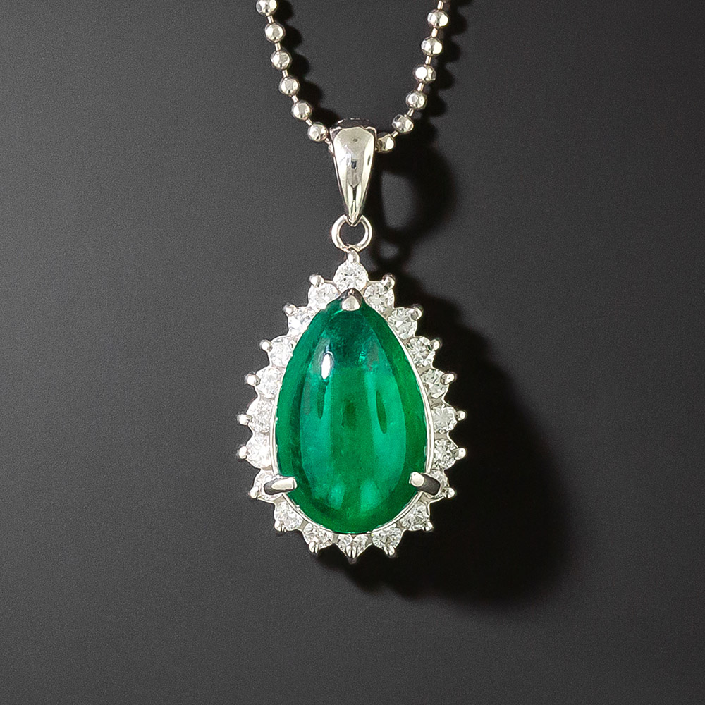 Estate Pear Shaped Cabochon Emerald and Diamond Halo Pendant