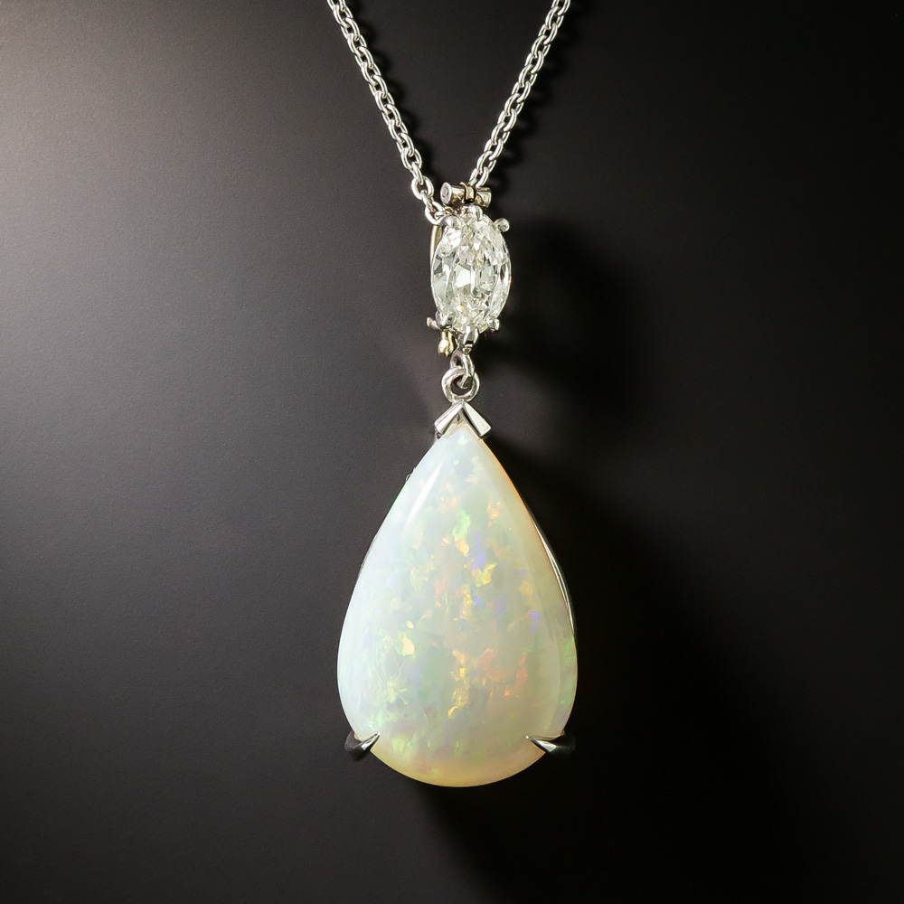 Estate Pear-Shaped Opal and Marquise Diamond Pendant