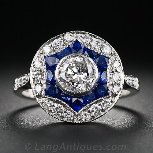 Estate Platinum Diamond and Sapphire Ring