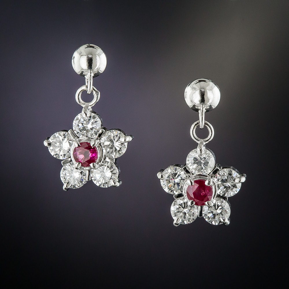 Estate Platinum Diamond Ruby Flower Earrings