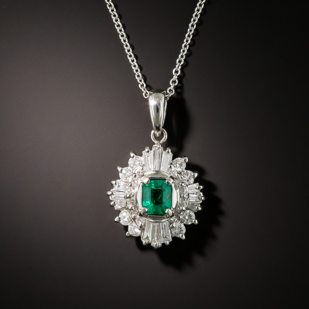 Estate Platinum Emerald Diamond Drop