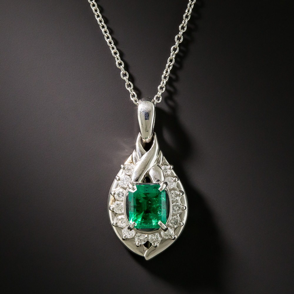 Estate Platinum Emerald Diamond Pendant Necklace 2 90 1 11078 