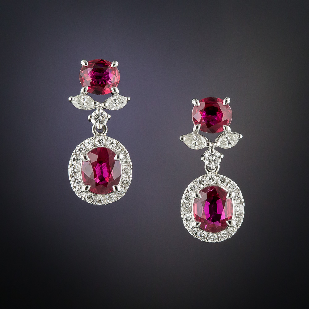 Estate Ruby and Diamond Drop Earrings