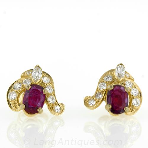 Estate Ruby and Diamond Earrings in Yellow Gold