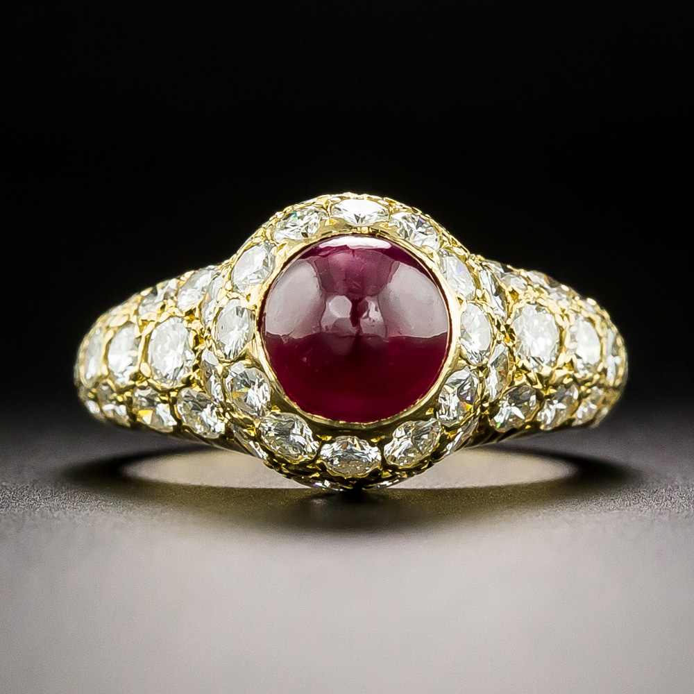 Estate 18K Yellow Gold Oval Cabochon Ruby Ring