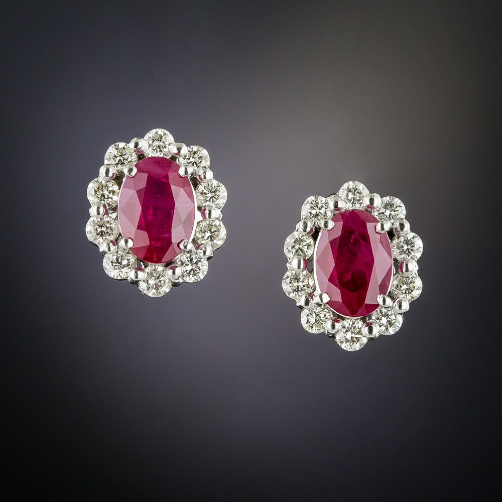 Estate Ruby Diamond Platinum Halo Earrings