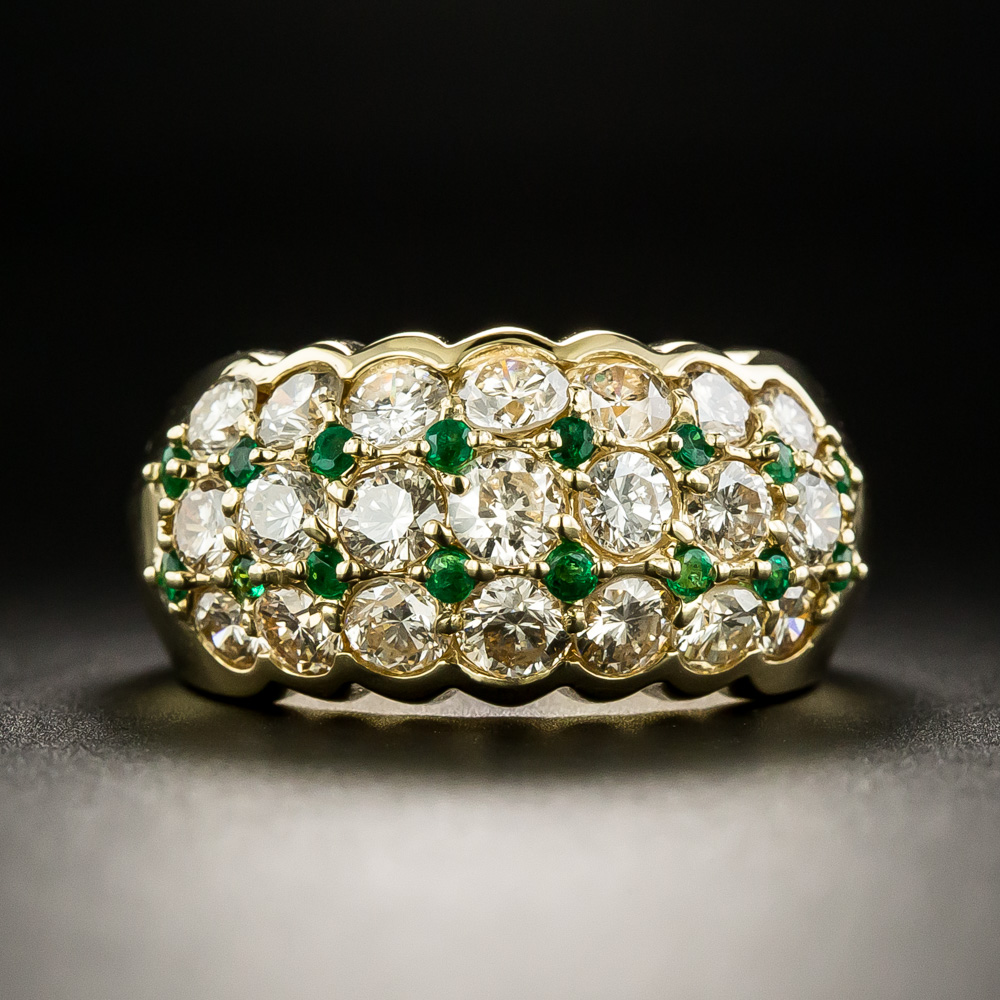 Estate Three-Row Diamond and Emerald Band Ring
